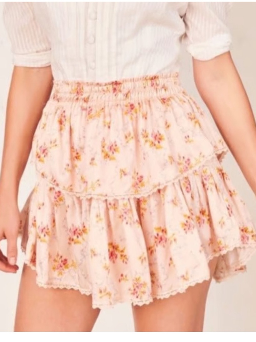 LoveShackFancy Floral Pink Silk Layered Mini Skirt XS Lined Coquette Cottagecore